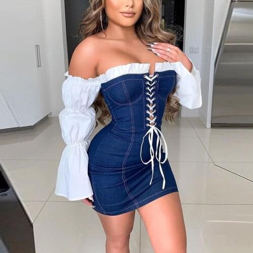 Women Sexy Slash Neck Bandage Mini Dress Women Elegant Flare Sleeve Patchwork Ruffle Dress Club Ladies Backless Bodycon Dresses