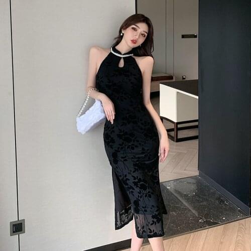 Vintage Women Dresses Black Halter Sleeveless Bodycon Bandage Summer Dress Elegant Pencil Sundress Party Sexy Korean Clothes