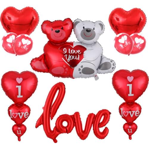 Big Hollow Heart Shape Foil Helium Red Balloons I Love You Bear Balloons Anniversary Wedding Valentine’s Day Party Decoration