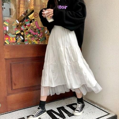 Black Tulle Pleated Midi Long Mesh Skirts Womens Casual Elastic High Waist Tutu Girl A Line Female White Patchwork Streetwear