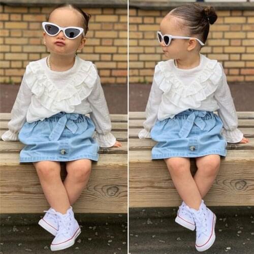 Infant Baby Girls Kids Clothes Long Sleeve Ruffle Blouse Top+Mini Denim Skirt Outfits Baby Set Bebek Giyim Vetement Enfant Fille