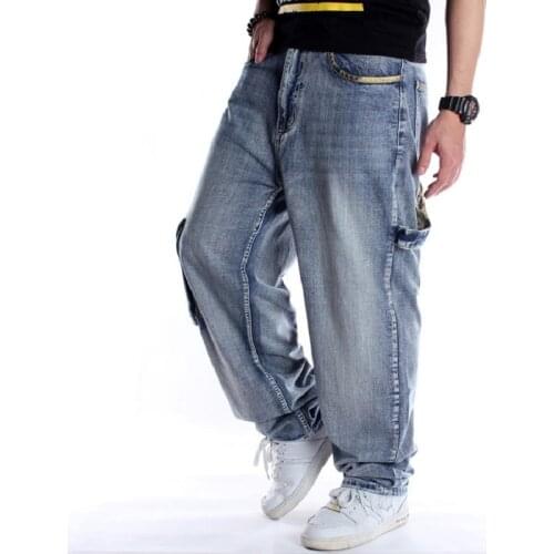 Hip Hop Jeans Men Side Pockets Denim Overalls Men Denim Jeans Pants Harem Mens Jeans Big Size 44 46 Baggy Loose Fit Male Jeans