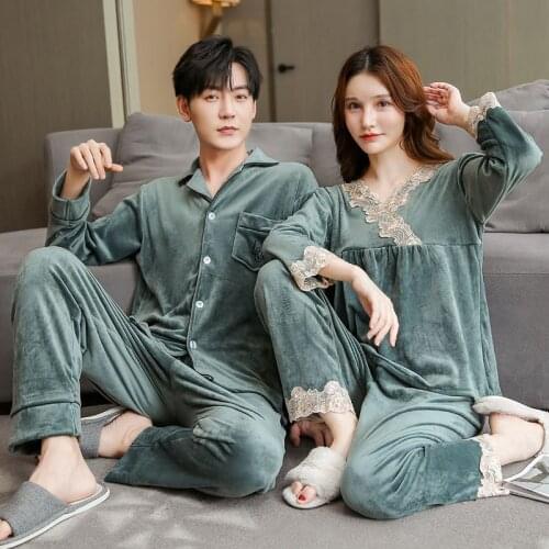 FZSLCYIYI Couple Korean Lace Trim Gold Velvet Pajamas Set Lover Sleepwear Homewear Autumn Winter Velour Pyjamas For Family