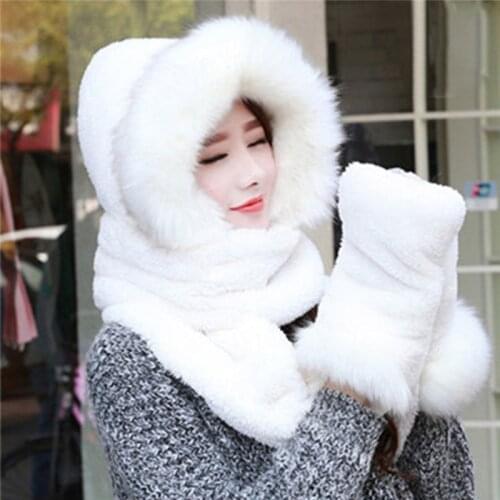 Hot Sale Warm Animal Faux Fur Hats Female Hat Scarf Gloves Fluffy Plush Cap Ear Hood Shawl Christmas Gift 012
