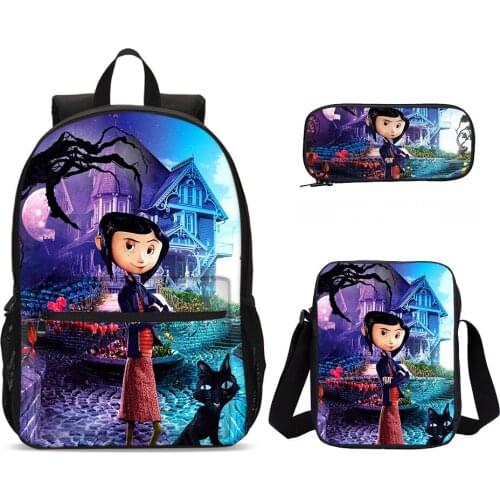 Coraline Children School Bag 3 PCS Set With Satchel Cartoon Student Back pack Anime Print Teenager Casual Backpack