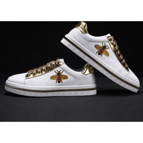 Bee Embroidery Men Shoes Golden Embroider Fashion Leather Mens Vulcanized Sneakers Lace Up Casual Shoes Sneakers zapatillas