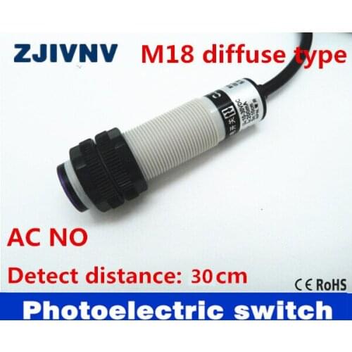 High quality M18 diffuse type AC90~250V 2 wires laser photoelectric sensor switch NO/ normally open, distance 30cm (adjustable)