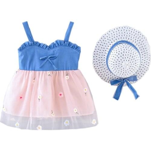 Summer Mesh Baby Girl Dress Hat 2021 Cute Casual Clothing Bow Denim Suspender Baby Dress Girl Kids Newborn Stitched Lace Dress
