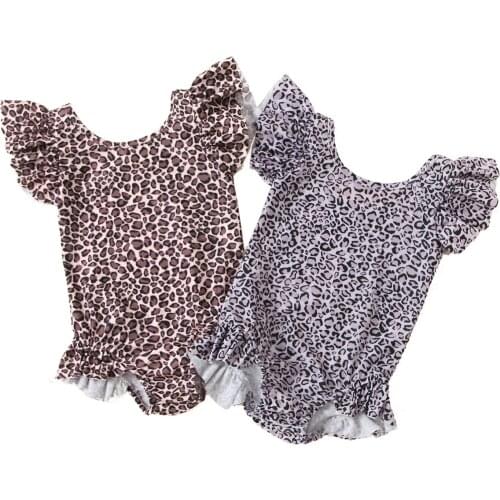 Summer Beachwear For Baby Girls Leopard Swimsuit Short Sleeve Round Collar Sling Leopard Rompers Beach Ruffle Clothes