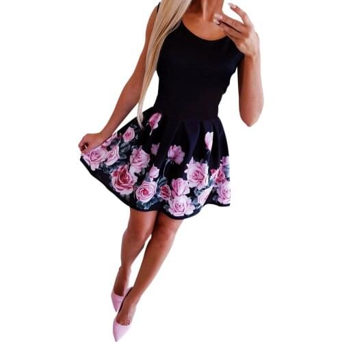 Платье Летнее Summer Dress Sexy Round-necked Rose Printed Dress A-line Dresses For Women 2021 Above Knee Платья Для Женщин