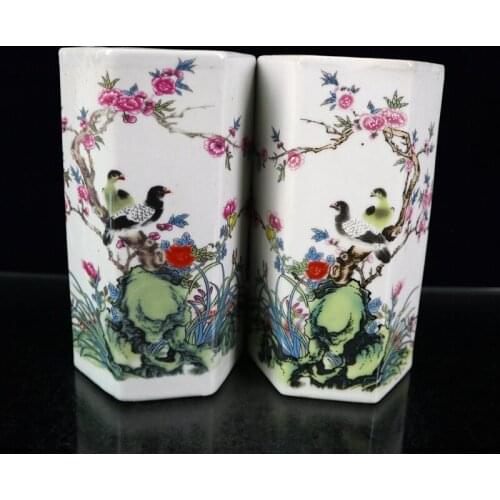 A Pair Chinese Ceramics Pastel Famille Rose Porcelain Chinaware Flowers and Birds Figure Pattern Hexagonal Pen Holder