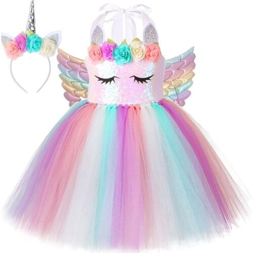 Flower Girl Unicorn Dress Pastel Sequins Princess Dresses for Kids Unicorns Halloween Costume Baby Girls Tutus Outfit with Wings