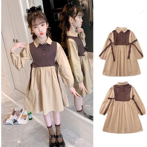 Childrens long-sleeved party dress girls clothes spring elementary school students lapel patchwork dress 4 6 9 10 12 years old