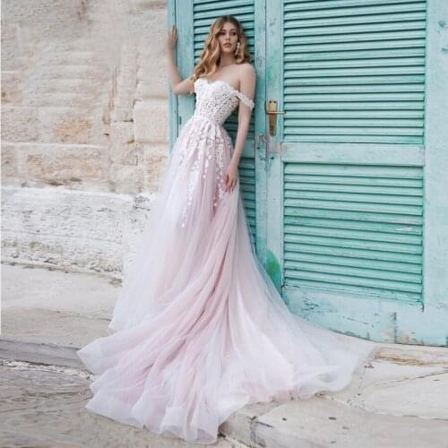 Off the Shoulder A-line Pink Wedding Dress 2021 Court Train Lace Up Corset Robe De Mariage Bridal Gowns