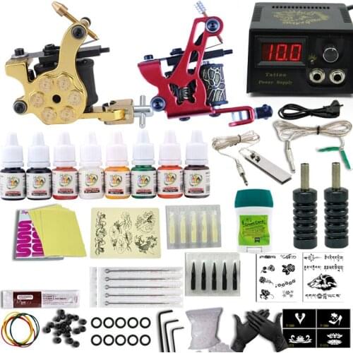 Complete Tattoo Kit Supplies 2 Machine Guns 8 color Inks pigment Power with needles supply tips Grip Tip Set