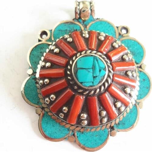 TBP348 Tibet Pendants Handmade Copper Inlaid Red Coral Big Pendant Nepal vintage jewelry
