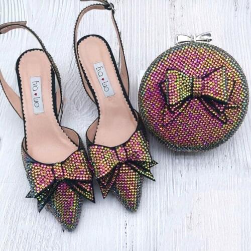 BS1212 Custom Handmade Multicolor Crystal SlingBacks Dress Pumps Big Size Women Shoes Low Heel Bridal Wedding Shoes And Bag Set