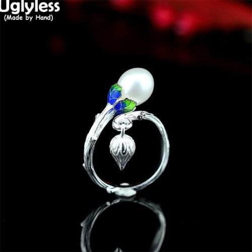 Uglyless Natural Pearls Floral Rings for Women Vintage Enamel Open Rings Real 925 Silver Lotus Bud Charms Ethnic Dress Jewelry
