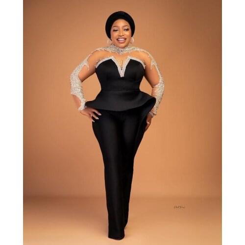 Jumpsuits 2021 Black Prom Dresses High Neck Long Sleeve Beaded Crystal Vintage Women Plus Size Formal Evening Gowns