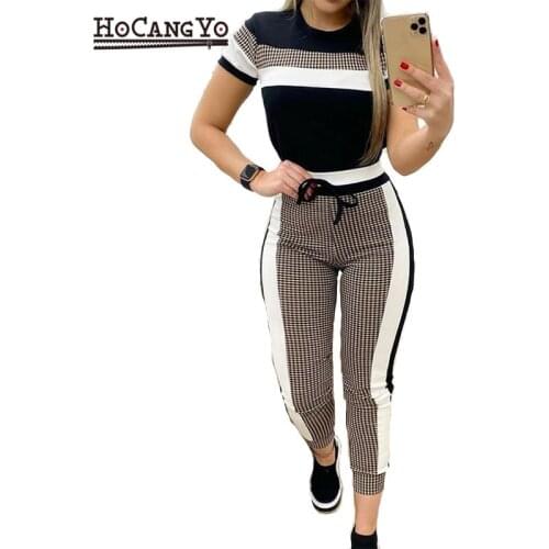 Summer Women Two Piece Sets Plaid Striped Casual Short Sleeve Tops and Drawstring Pant Set Ladies High Waist Two Piece Sets 2021