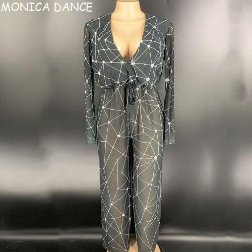 Women Sexy Stage Silver Rhinestones Black Transparent V-neck Jumpsuit Women Dancer Singer Wear Bar Prom Birthday Big Leggings