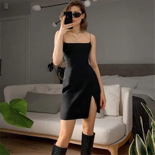 Summer Women Solid Color Minimalist Style Sleeveless Backless Split Mini Dress Sexy 2021 Elegant Spaghetti Strap Black Vestidos