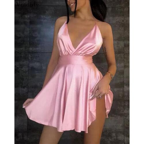 Women Sexy Satin Solid Color A-line Dress Spaghetti Strap Pink Night Club Cami Dress