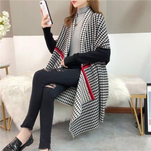 ZJZLL New Knitted Wool Temperament Cardigan Women Thousand Bird Grid Stripes Shawl Poncho Cape Irregular Cloak Korean Version