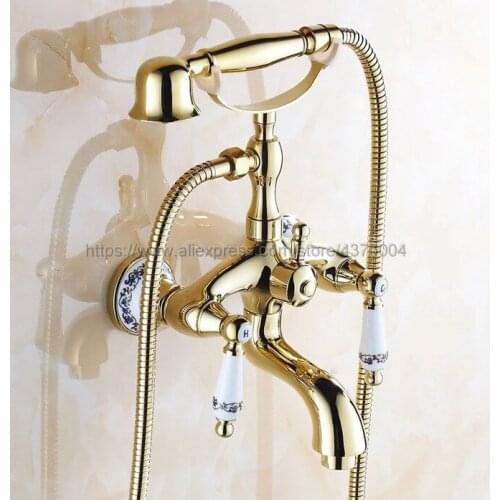 Golden Bathroom Tub Faucet Telephone Style Bathroom Bathtub Wall Mounted With Handshower Swive Tub Spout Ntf411