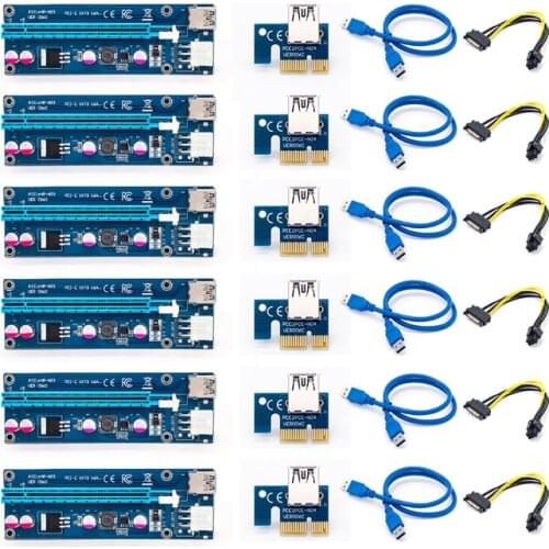 6Pcs 006C PCIe PCI-E PCI Express Riser Card 1x to 16x USB 3.0 Data Cable Adapter SATA to 6 pin for Bitcoin Mining райзер