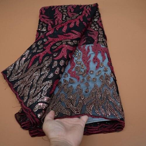 African Crimson African Fabric Beautiful Design Lace French Net Tulle Lace Fabric Nigerian Sequins Lace For Dress