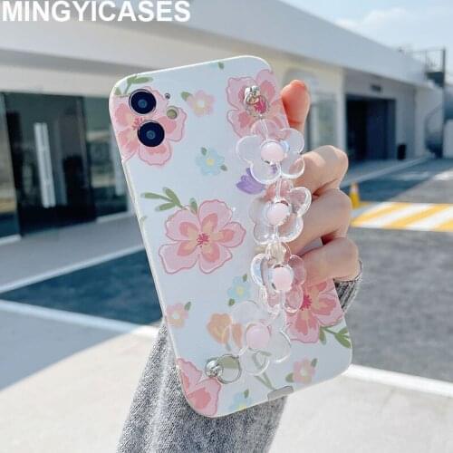 Clear Flower Bracelet Phone Cases for Iphone Xr 7 8 Plus 11 12 Pro Max Mini Xs Max X SE 2020 TPU+PU Fresh Flower Cover Fundas