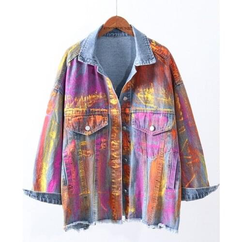 European Harajuku Jean Jacket for Women 2021 Autumn New Contrasting Color Lapel Jeans Coat Womens Retro BF Jeans Jackets