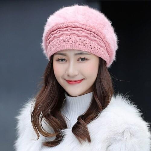 HT1920 New Atutumn Winter Rabbit Fur Hat Women Berets Korea Style Knitted Hats Solid Warm Thick Winter Beanies Ladies Beret Hats