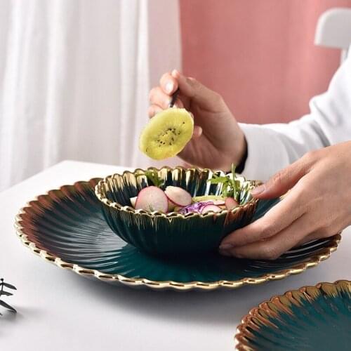 Ceramic Plate Dinnerware Set Bowl Spoon Set Dark Green Plate Irregular Dish Gold Edge Set Talheres Dish Household Tableware 1pcs