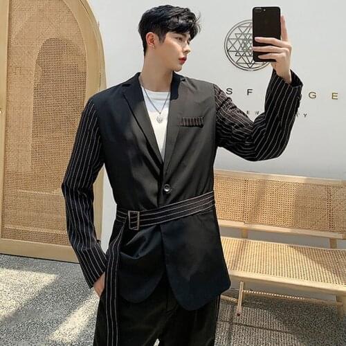 Men Autumn 2PCS Suits Sets (jacket+pants) Male Streetwear Hip Hop Stripe Splice Belt Business Casual Blazer Coat Suit Trousers