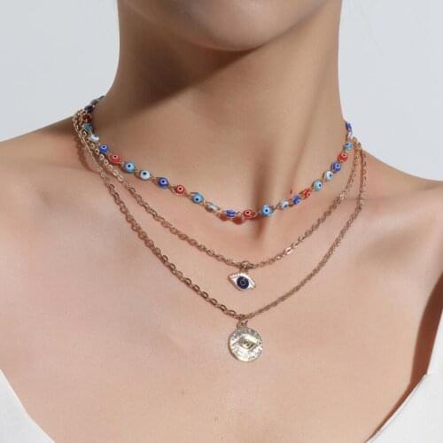 Evil Eyes Beads Linked Multi Chain Layered Women`s Fashion Short Necklace