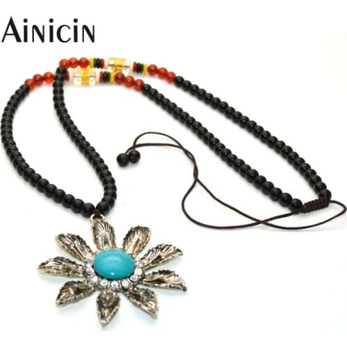 Natural Blue Turquoiuse Sun Flower Shape Antique Silver Color Pendants Adjustbale Black Agate Beads Chain Jewlery For Women