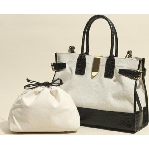 2021 Summer New European and American Style Leather Handbag Cowhide Stitching Canvas Bag Trend Large Capacity Handbag