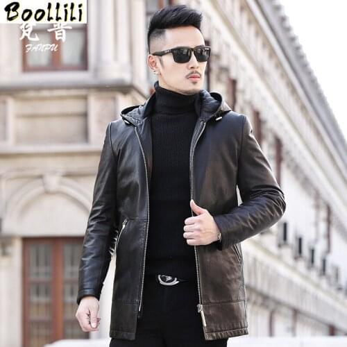 Boollili Genuine Leather Jacket Autumn Winter Long Coat Men Goatskin Down Jacket Hooded Hat Chaqueta Cuero Hombre