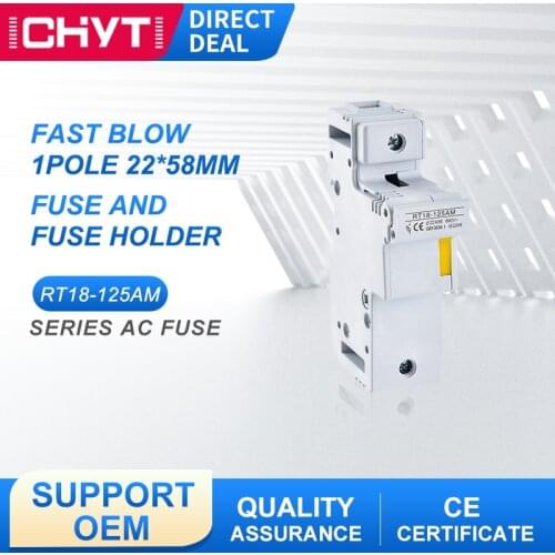 RT18-125AM 1P AC 500V 22x58mm Fast Blow Cylindrical Ceramic Tube Fuse 63A 80A 100A 125A 22*58mm With Fuse Holder Base
