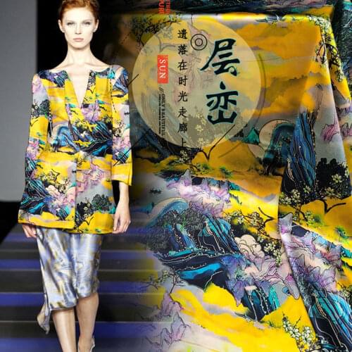 Printed silk stretch satin 19 momme width 120cm yellow color painting soie shirts and dresses sewing material
