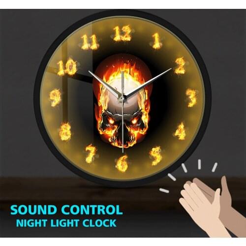 Angry Demon Skull In Fire Burning Numbers Metal Frame Luminous Wall Clock Sound Activated Death Skull Wall Watch Halloween Gift