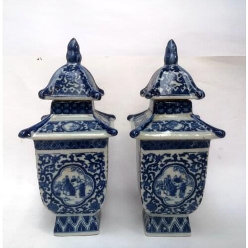 YIZHU CULTUER ART Collection a Pair China Old blue-and-white Porcelain Figure Vase Jar H 7.7 inch Family Decoration Gift