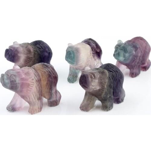 YWG Chakra Stone Natural Purple Fluorite Carved Stone Bear Deer Crystal Colorful Striped Fluorite Healing Reiki Decor 1Piece