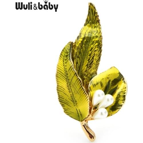 Wuli&baby Pearl Enamel Leaves Brooches Women 3-color Flower Party Casual Office Brooch Pins Gifts