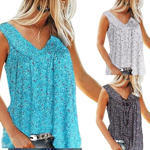 Womens Summer Printed Sleeveless V-Neck Casual Shirt