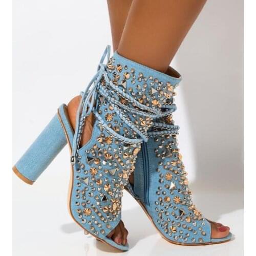 Dipsloot Light Blue Jeans Rivets Slingback Short Boots Woman Chunky Heels Peep Toe Spikes Lace Up Booties Ankle Boots Lady