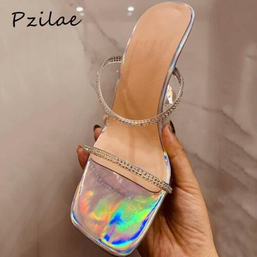 Pzilae women slippers 2020 new fashion square toe rhinestone strap high heels wedding shoes crystal clear heel mules shoes women