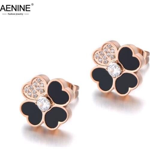 AENINE Trendy Stainless Steel White/Black Shell Wedding Earrings For Women CZ Crystl Flower Earrings For Christmas Gift AE19280